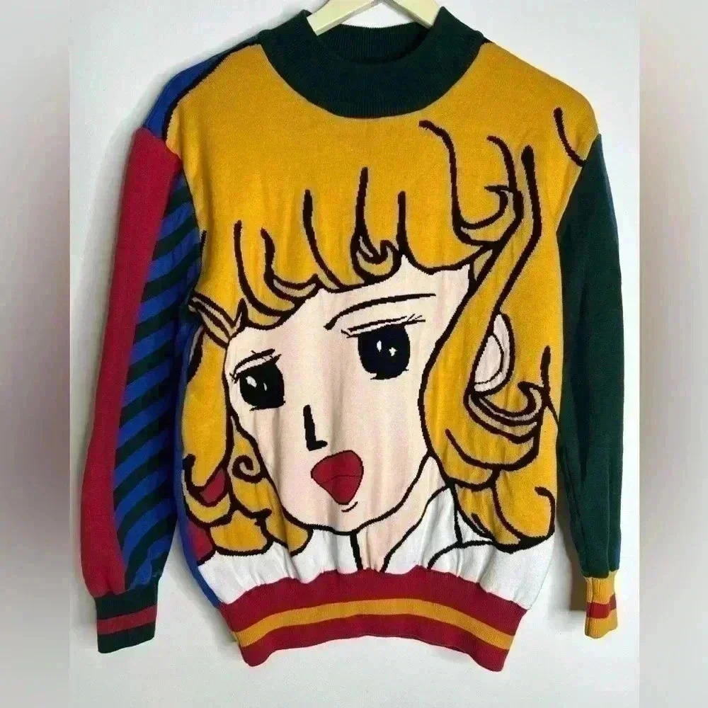 MS & DN Kawaii Anime Artsy Funky Colorblock Character Pullover Sweater